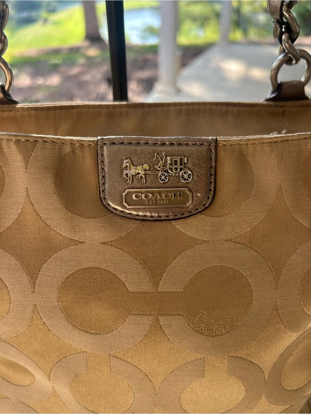 Coach 20481 Signature Jacquard Metallic Gold Chain Strap Tote Bag